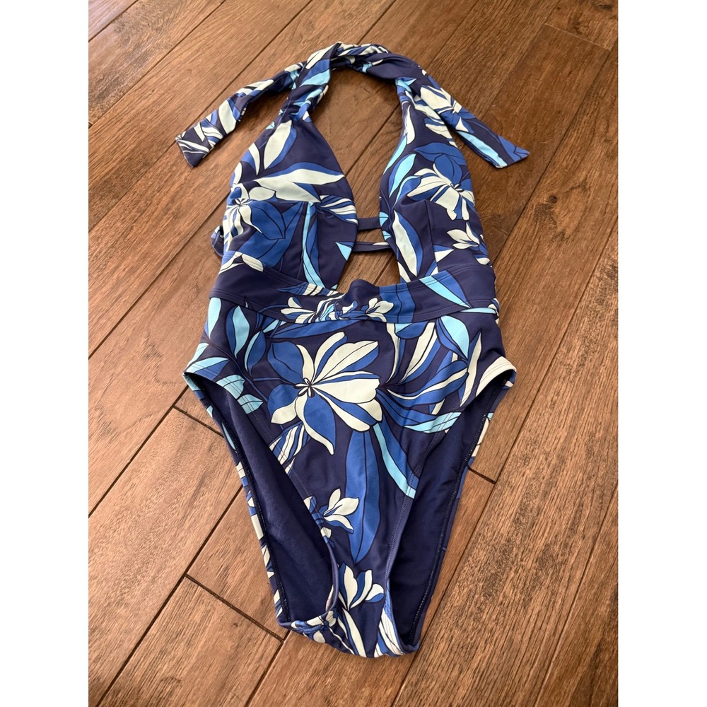 Adore Me Swimsuit Women Medium Blue Floral Halter‎ Cutout Monokini ADM47 NEW